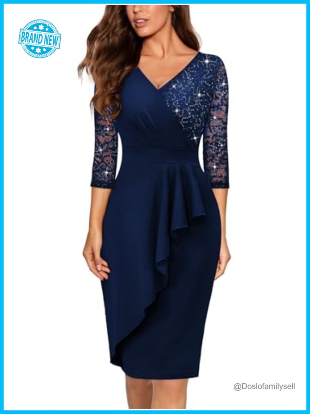 Classy V-Neck Sequin Lace 3/4 Sleeve Cocktail Party Dress